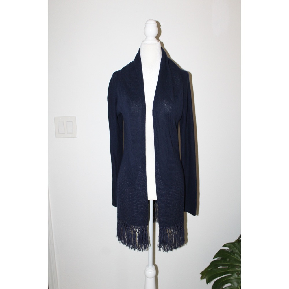 Lilly Pulitzer Women's Navy Blue Fringe Open Front Cardigan Shawl Collar XS